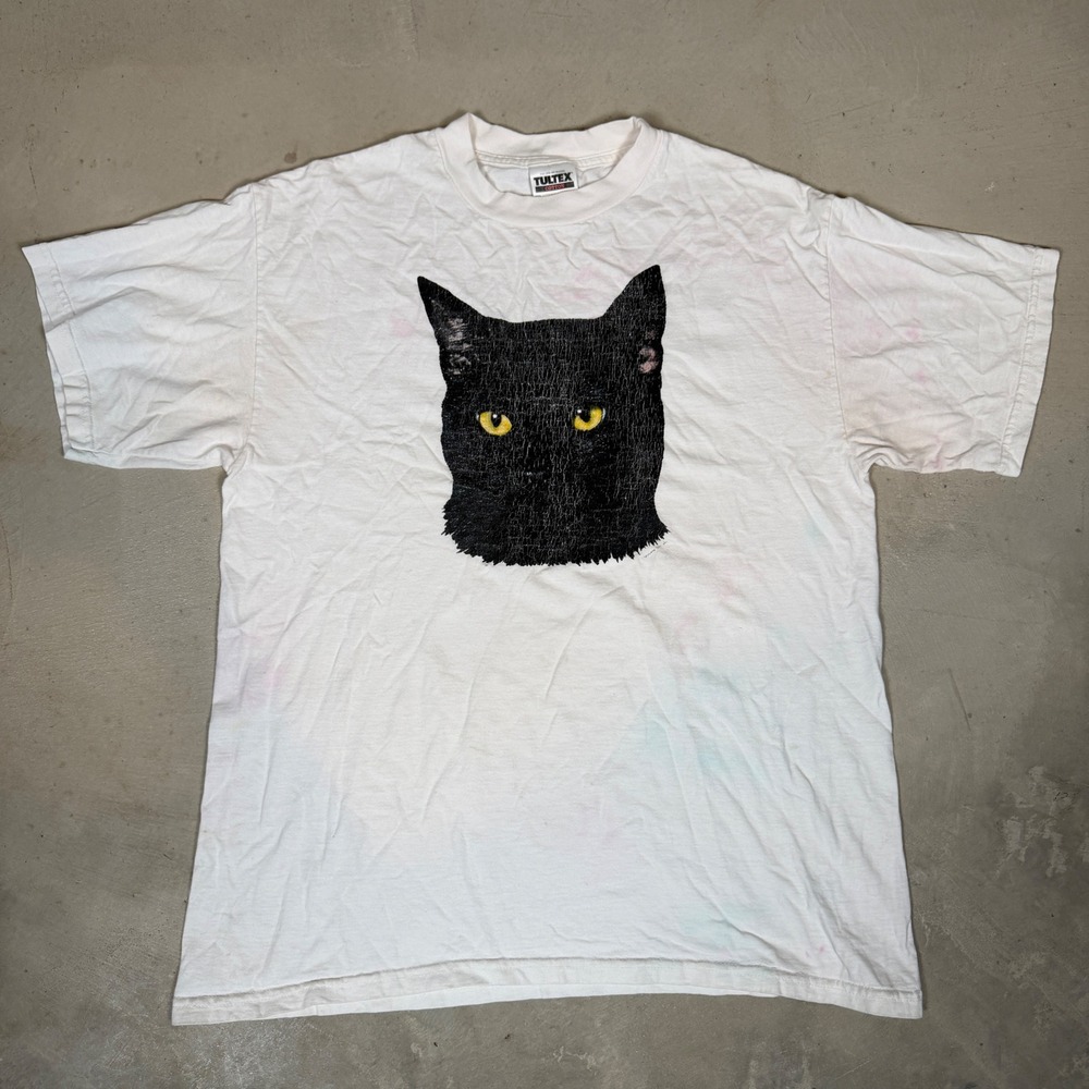 Vintage Tultex Black Cat Graphic T-Shirt White Large 90s Animal Print Tee